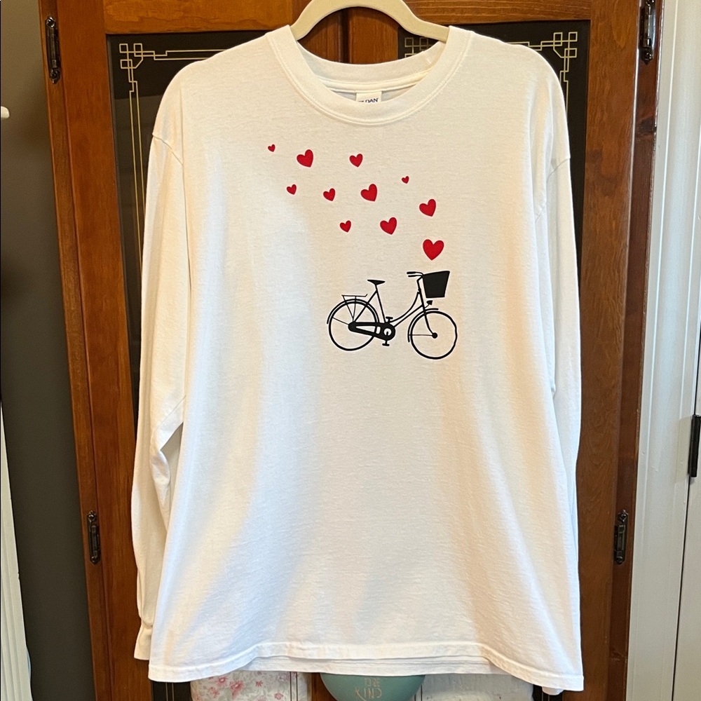 Gildan White Long Sleeve Tee with Red Hearts and Bicycle Design